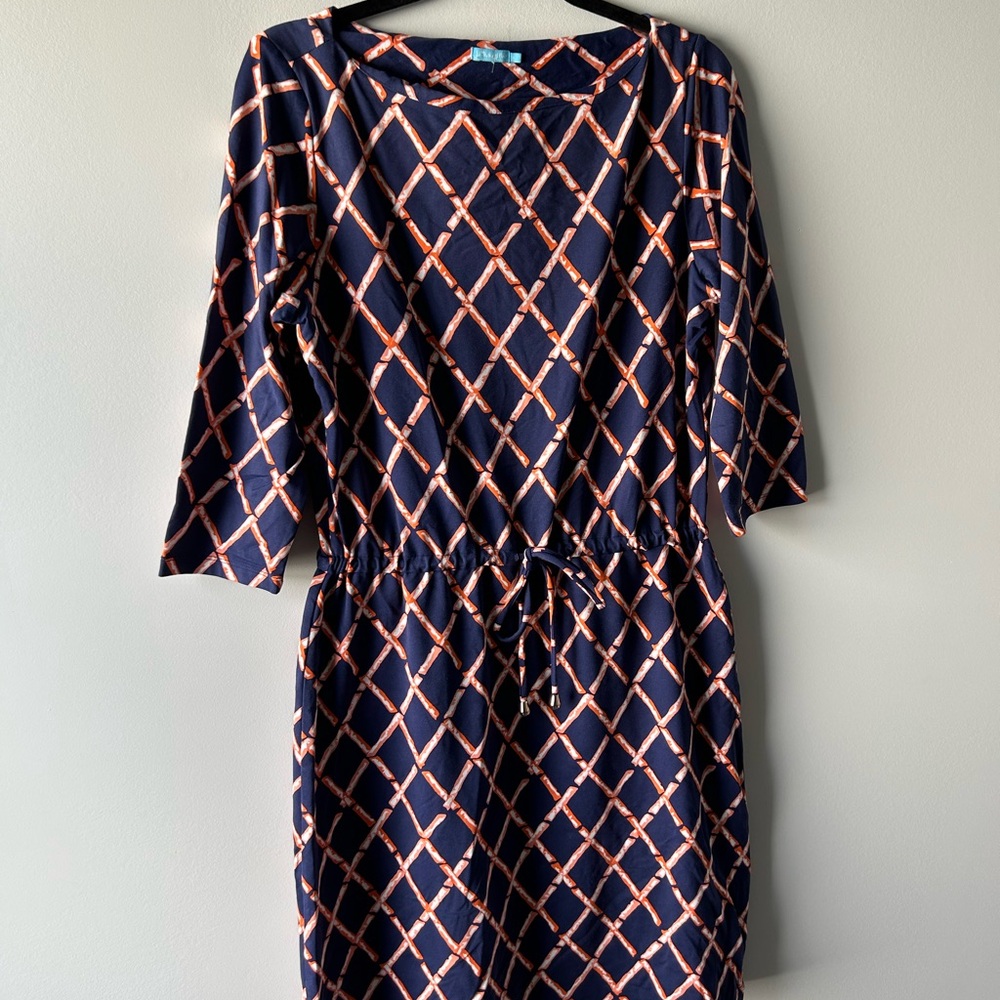 J. McLaughlin navy blue bamboo lattice print dress - Picture 2 of 5
